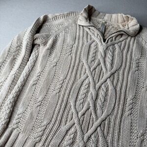 LEO & NICOLE Beige 100% Cotton Mock Neck ¼ Zip Cable Knit Sweater Women Size Med